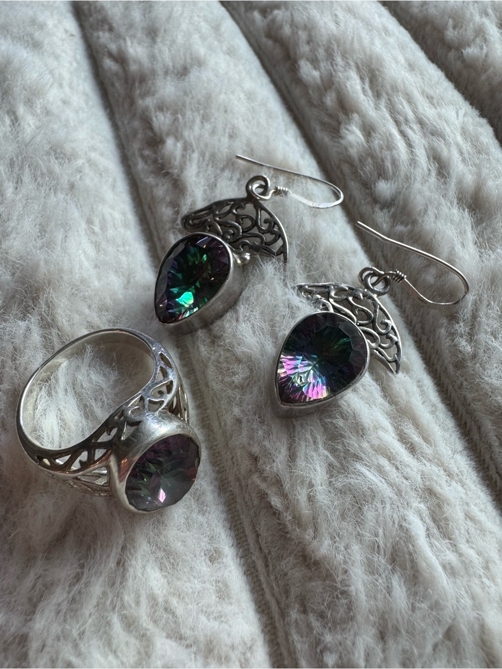 Sterling Silver 925 Mystic Topaz Filigree Ring & Drop Earrings Set Size 7.25